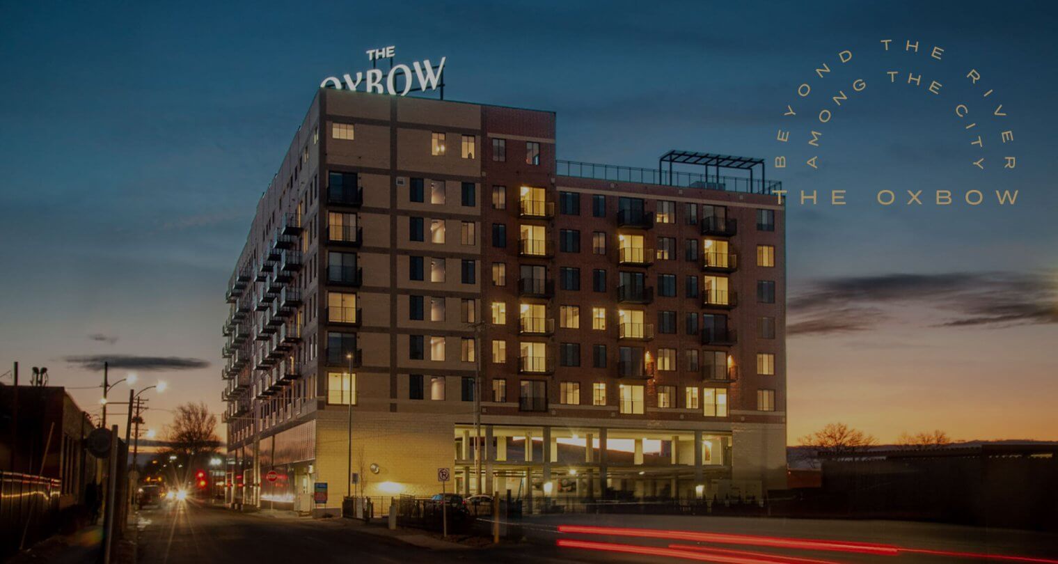 dusk view of the exterior of the oxbow apartments in north kansas city